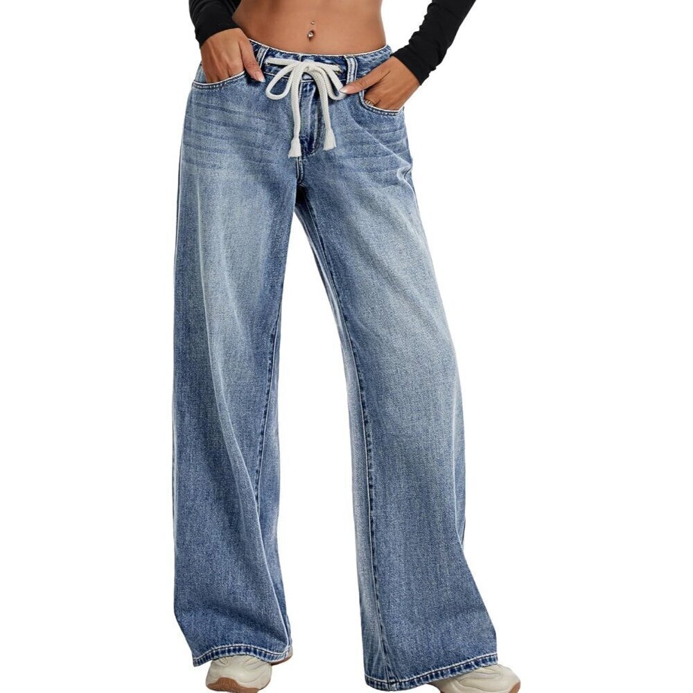 Women’s Low Rise Baggy Jeans Denim Wide Leg Casual Pockets Size 6